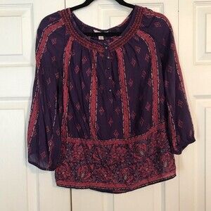LUCKY BRAND X-Small Purple Red Peasant Blouse Top Smocked Floral Paisley Boho